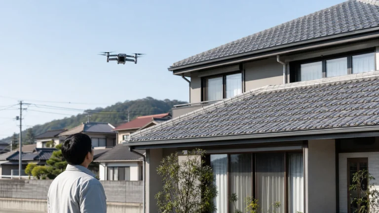 屋根のドローン点検を行う日本の戸建て住宅と小型ドローン