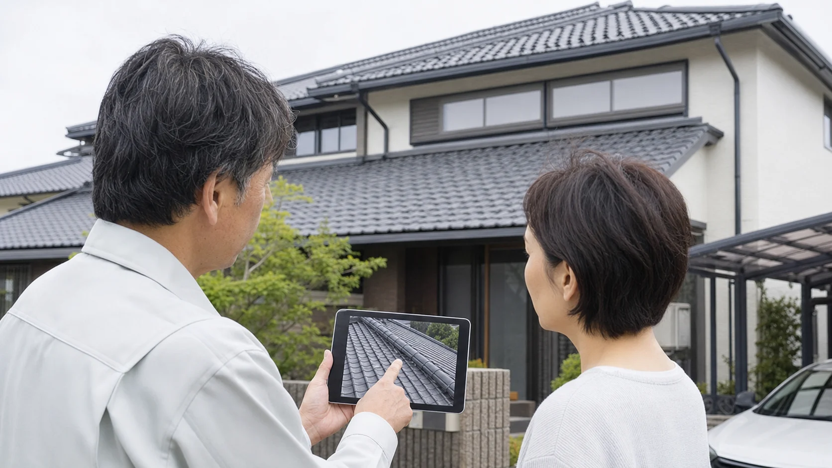 日本の戸建て住宅の前でドローン点検の映像をタブレットで確認する施主と点検担当者