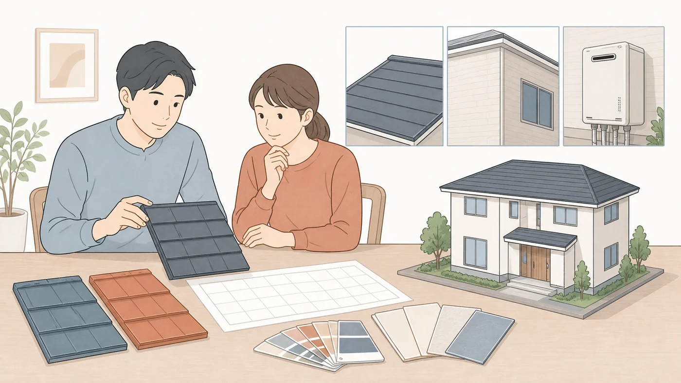 屋根と外壁の塗装時期を長期計画で検討する日本人夫婦のイラスト
