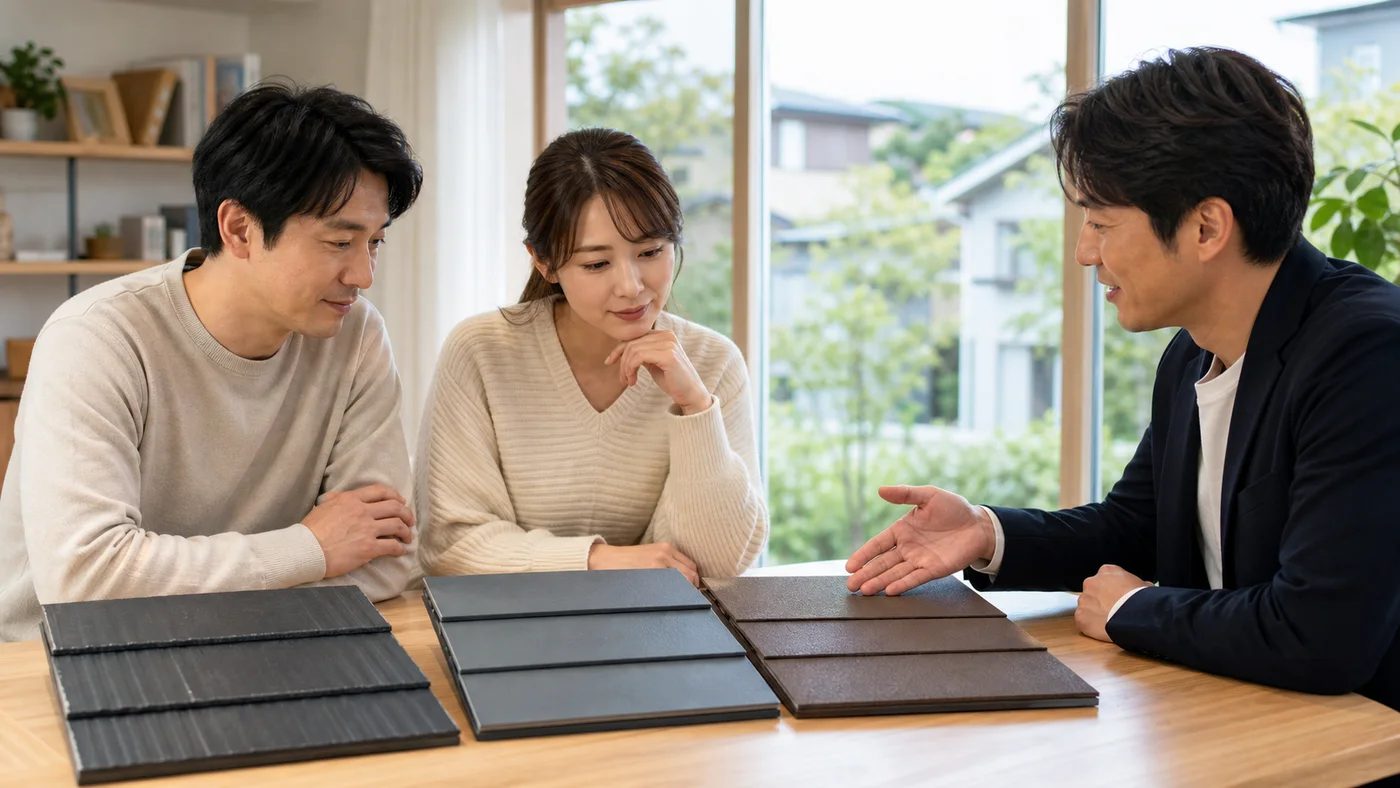 三種類の屋根材サンプルを比べる日本人の施主夫婦と担当者の概念イラスト