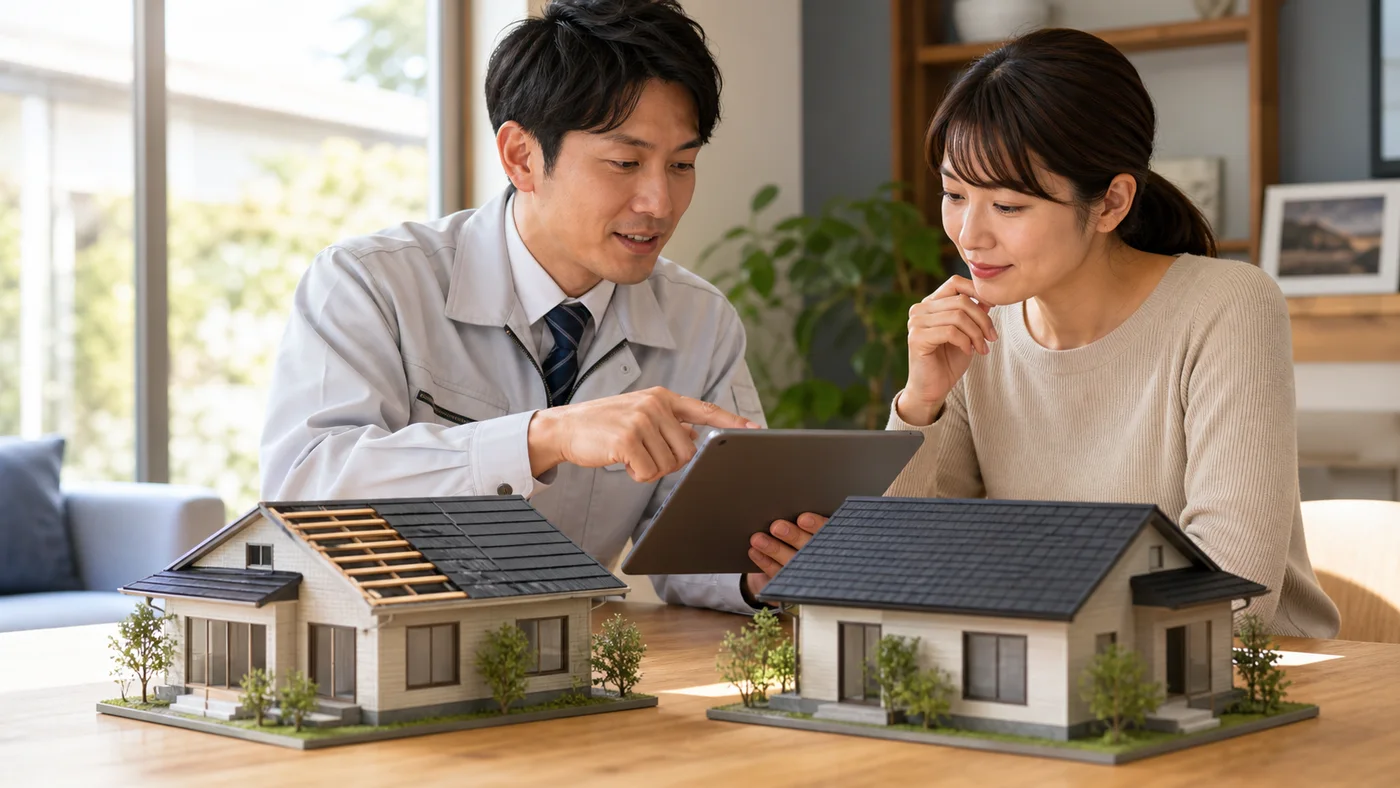 葺き替えとカバー工法の二つの屋根模型を比べる日本人の施主と担当者の概念イラスト