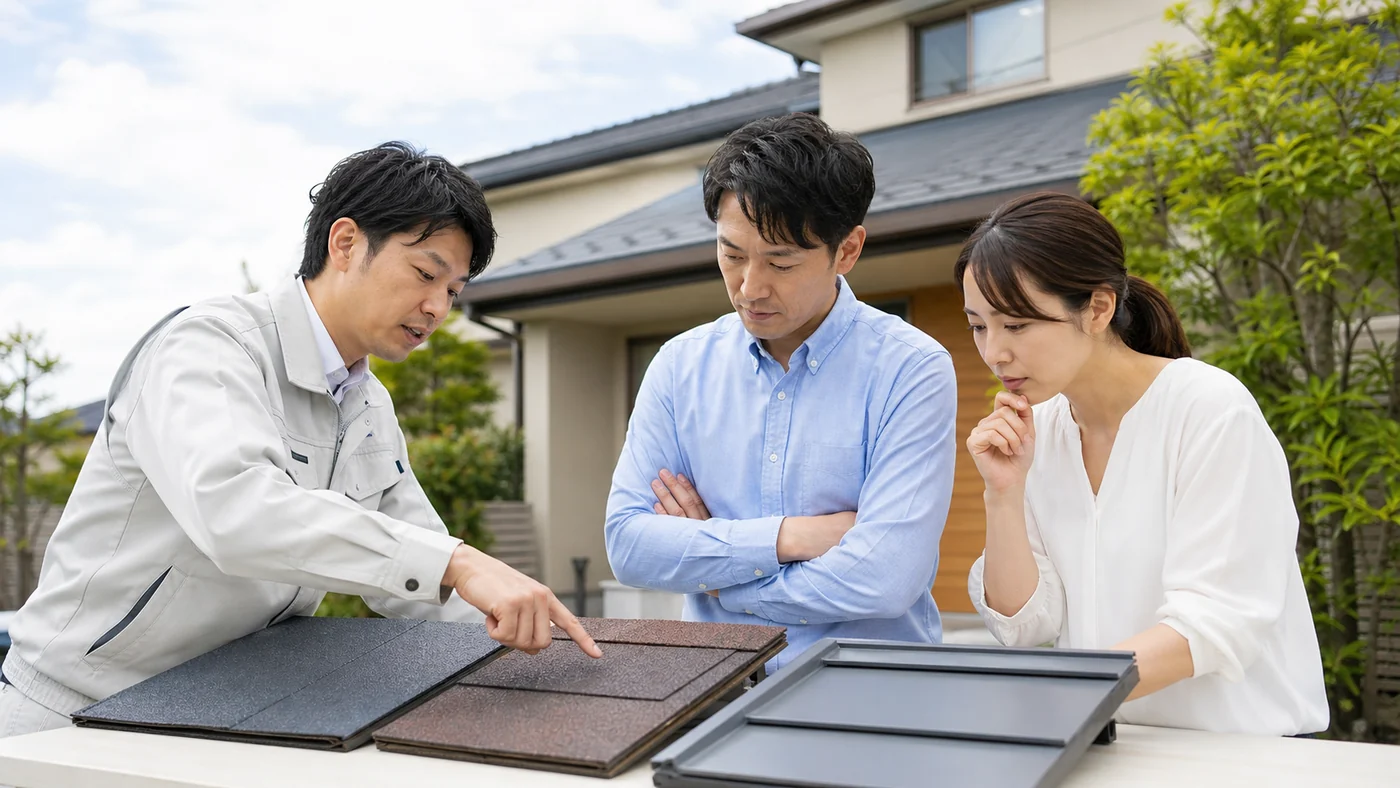 屋根塗装とカバー工法の屋根材サンプルを比較する日本人の施主
