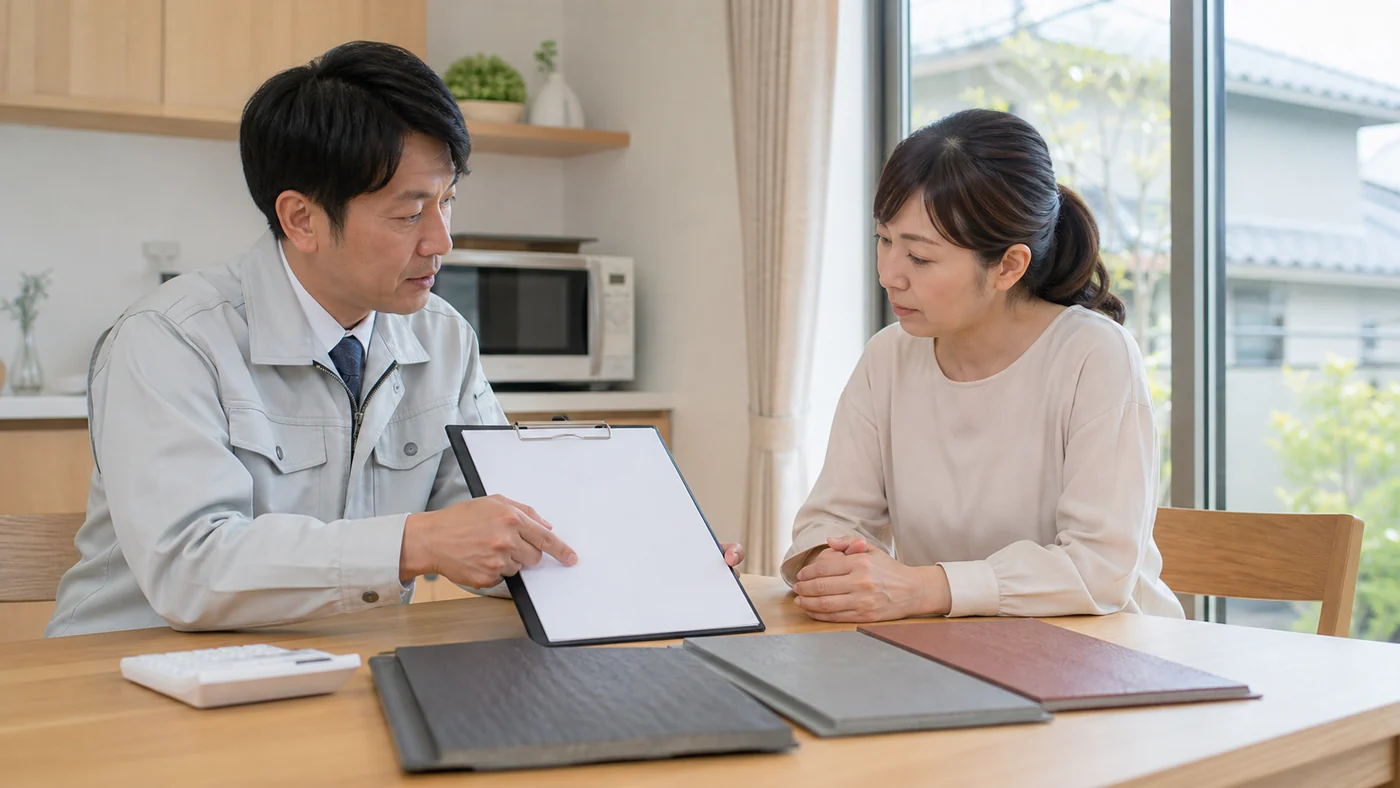 屋根塗装の見積書と屋根材サンプルを確認する日本人の施主