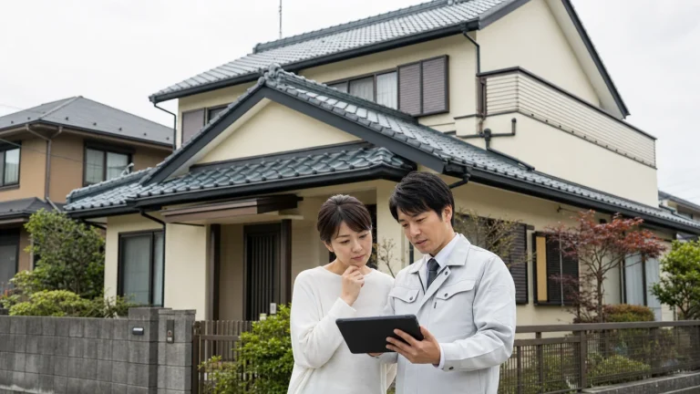 スレート屋根の塗装可否を住宅前で相談する日本人の施主と専門業者