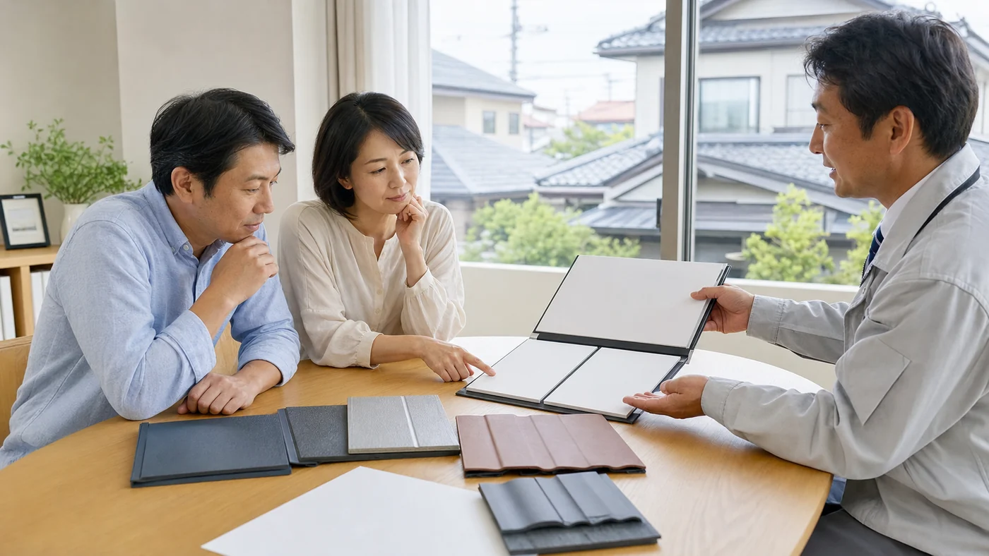 屋根塗装とカバー工法と葺き替えの提案を比較する日本人夫婦