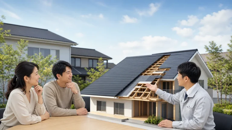 屋根葺き替えを住宅模型で相談する日本人の施主夫婦と担当者の概念イラスト