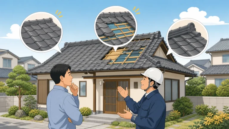 屋根瓦の修理方法を相談する日本人施主と屋根担当者の概念イラスト