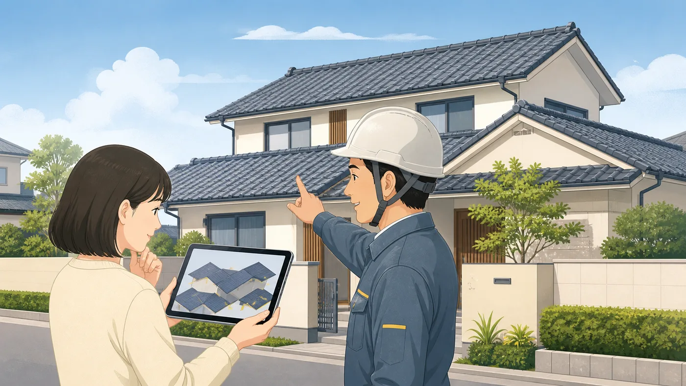 地上でタブレットの屋根画像を確認する日本人施主と屋根担当者の概念イラスト