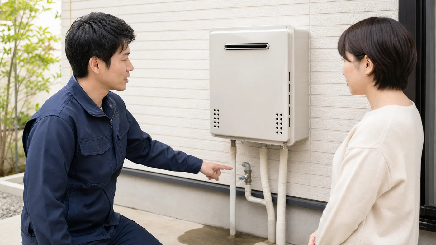 給湯器の給水バルブと安全な対応を説明する日本人の施工担当者のイメージ