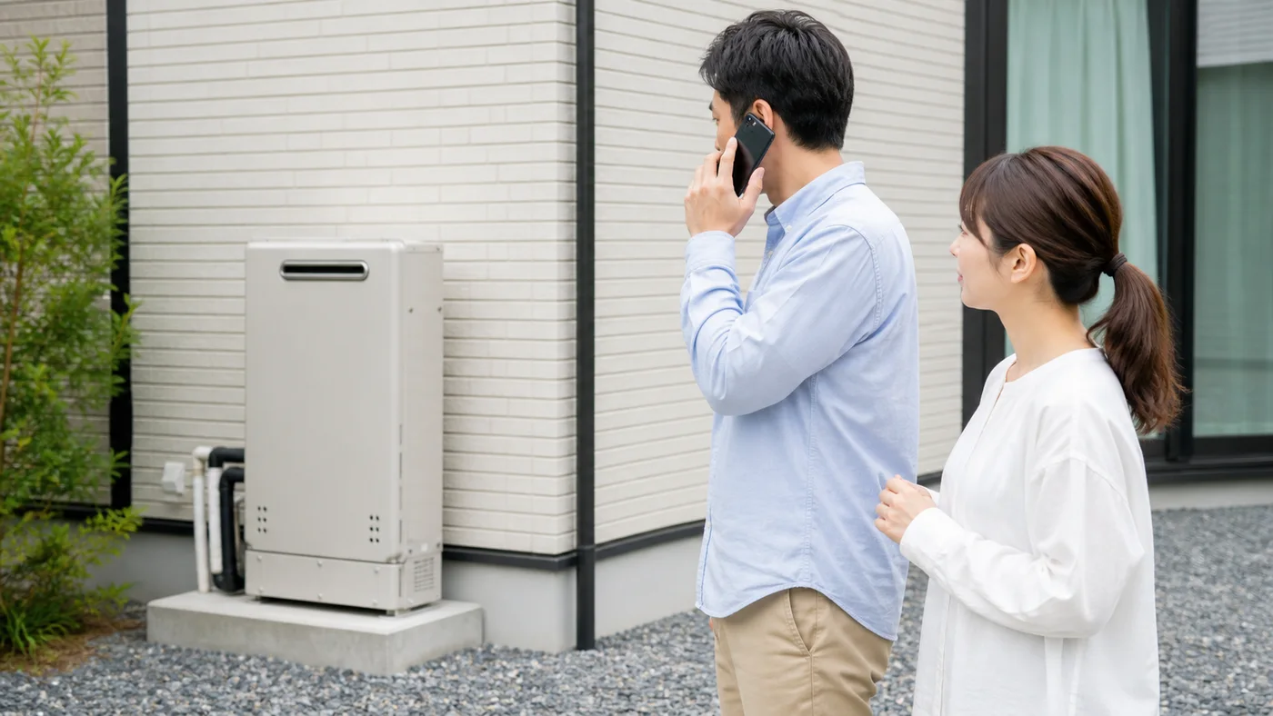 給湯器の異音に気づき安全な場所から専門窓口へ連絡する日本人家族のイメージ