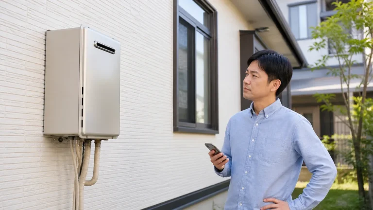 給湯器の異音が気になり本体を安全な距離から確認する日本人住宅所有者のイメージ