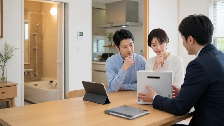 給湯器の号数を相談する日本人夫婦と住宅設備の担当者
