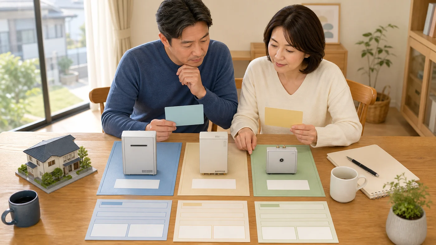 給湯器の同条件の見積もりと保証書を自宅で比較する日本人夫婦の概念イラスト