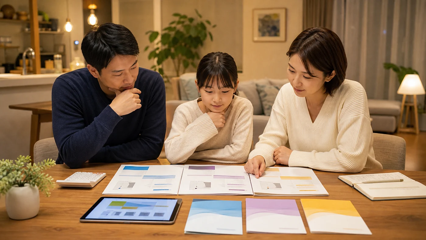 給湯器の三つの見積書と保証内容を自宅で比較する日本人家族のイメージ