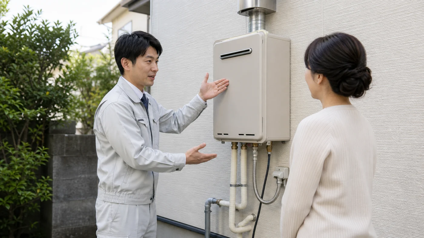 屋外給湯器と配管の適合を住宅所有者へ説明する日本人の施工担当者のイメージ