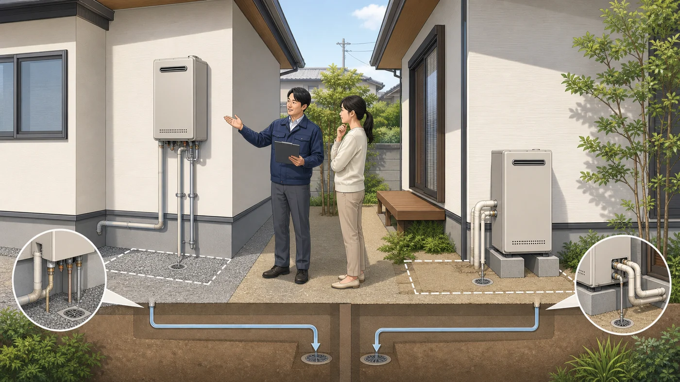 戸建ての壁掛け給湯器と据置給湯器の設置条件を説明する日本人施工担当者の概念イラスト