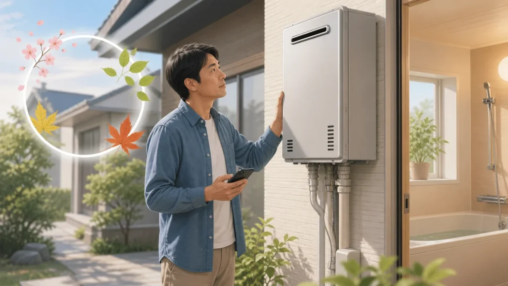 季節の移り変わりと屋外給湯器を確認する日本人の住宅所有者のイメージ