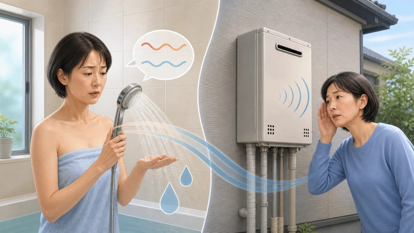シャワーの温度変化と給湯器の異音に気づく日本人の住宅所有者のイメージ