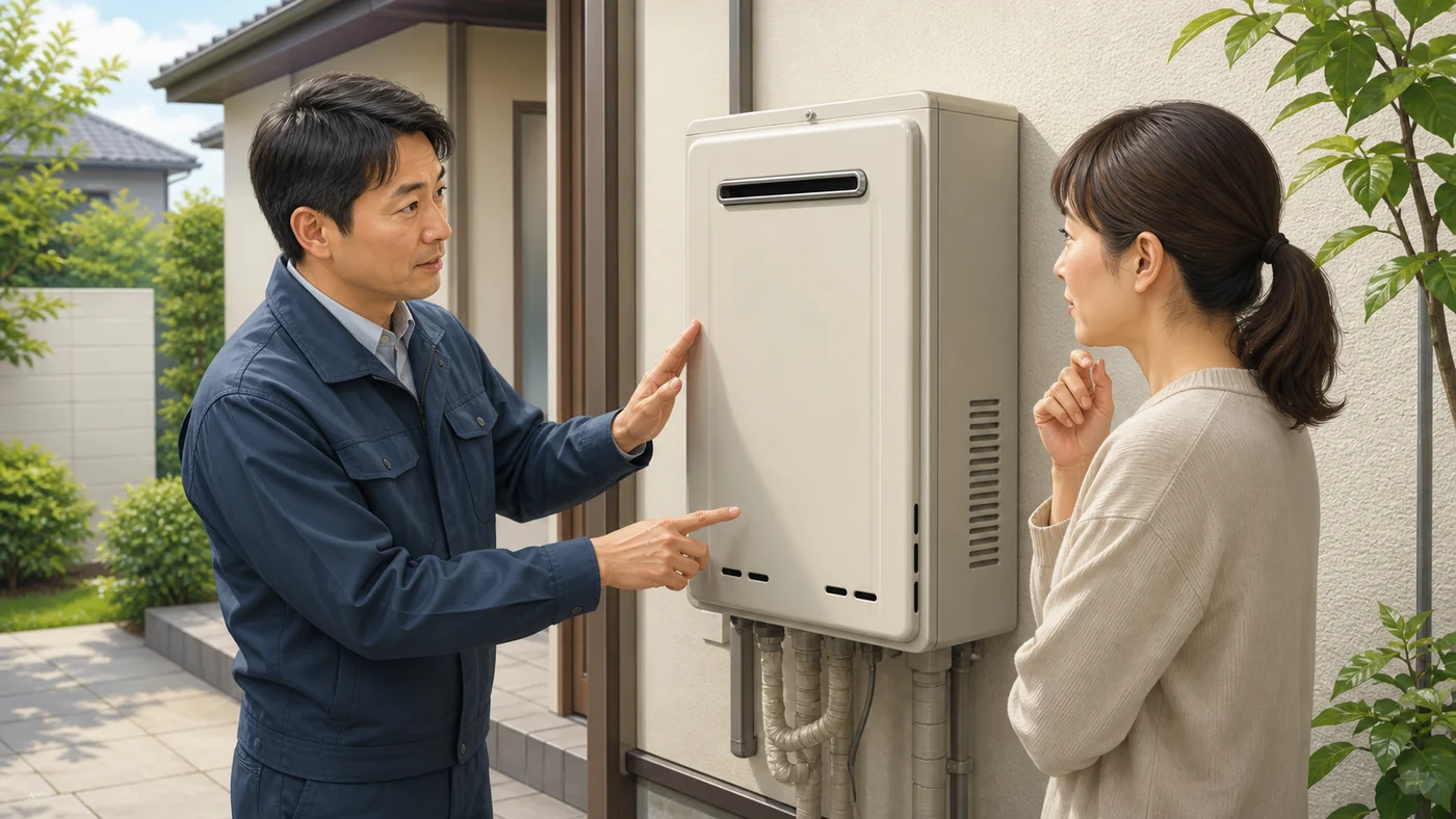 屋外給湯器の点検箇所を日本人の住宅所有者に説明する専門スタッフのイメージ