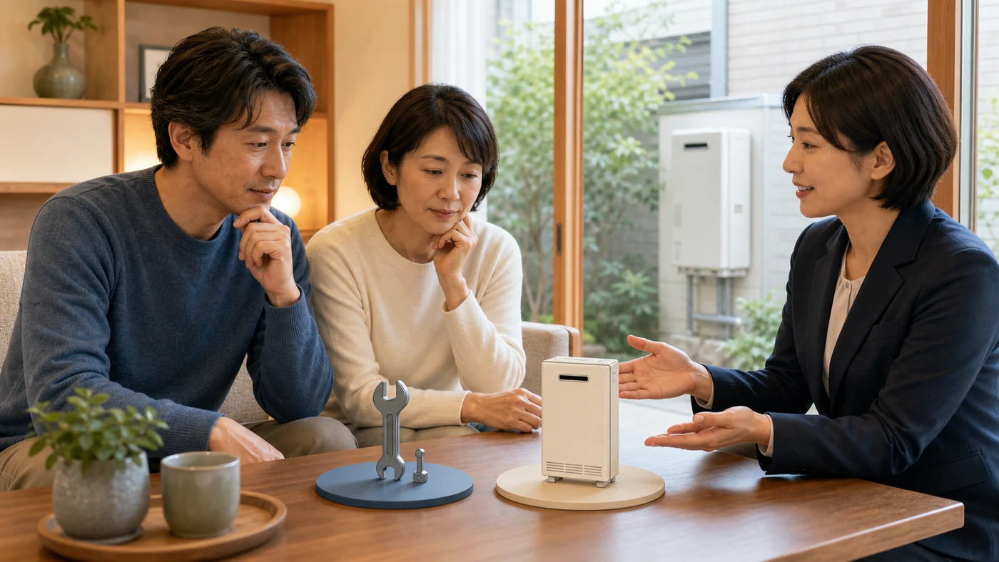 給湯器を修理するか交換するか専門家と検討する日本人夫婦のイメージ