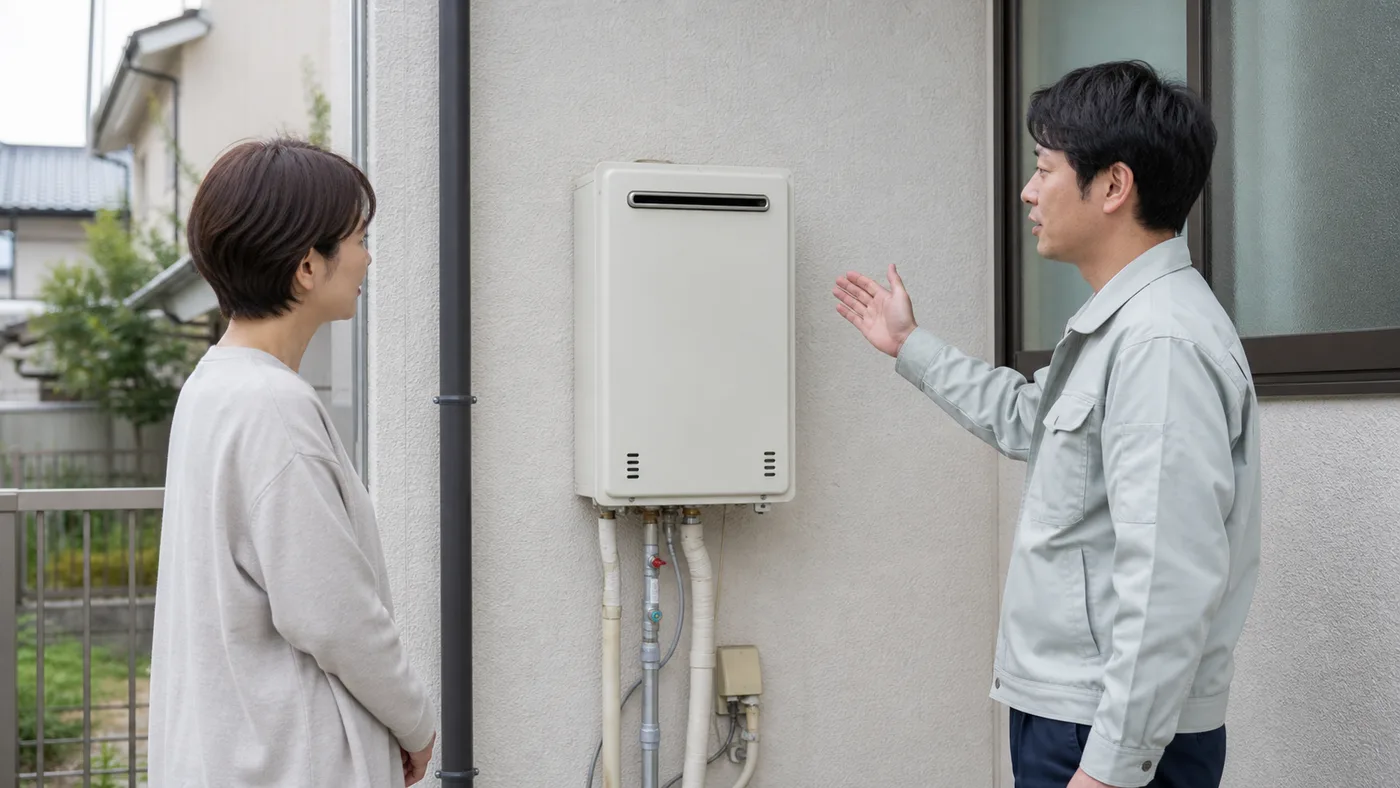 屋外給湯器の設置条件を専門スタッフと確認する日本人の住宅所有者のイメージ