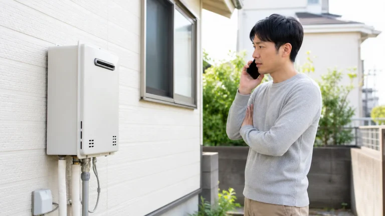 給湯器の即日交換について電話で相談する日本人の住宅所有者のイメージ