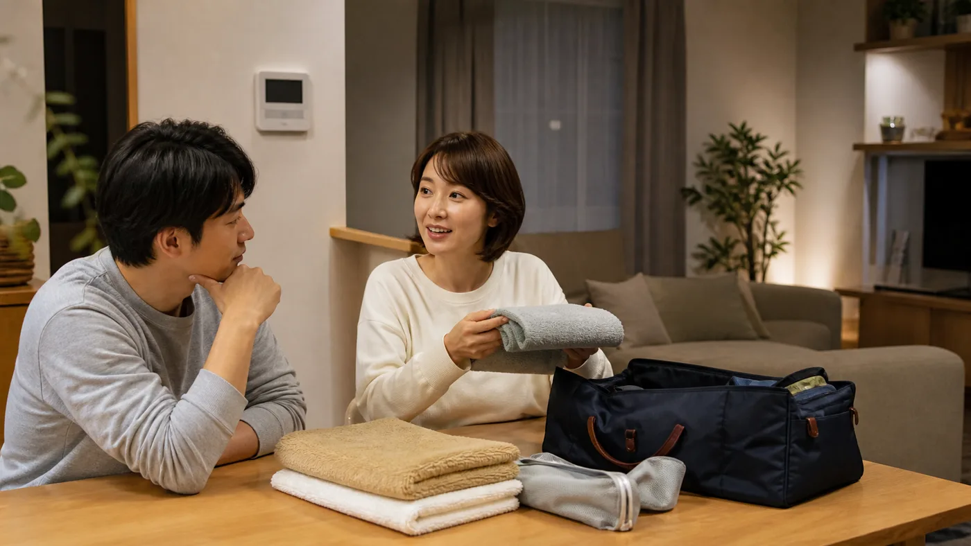 給湯器交換までの入浴方法を相談しタオルと外泊準備をする日本人夫婦のイメージ