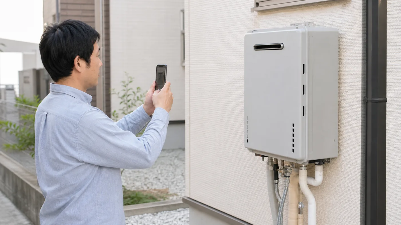 給湯器交換の相談前に屋外機をスマートフォンで撮影する日本人の住宅所有者のイメージ
