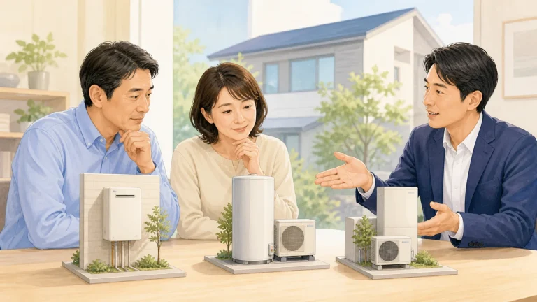 戸建て向け給湯器三方式を比較する日本人夫婦と担当者の概念イラスト