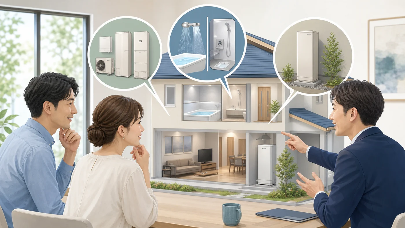 給湯器の熱源と機能と設置条件を住宅模型で確認する日本人家族の概念イラスト