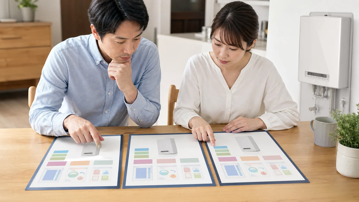 三つの給湯器候補の仕様書を食卓で比較する日本人夫婦のイメージ