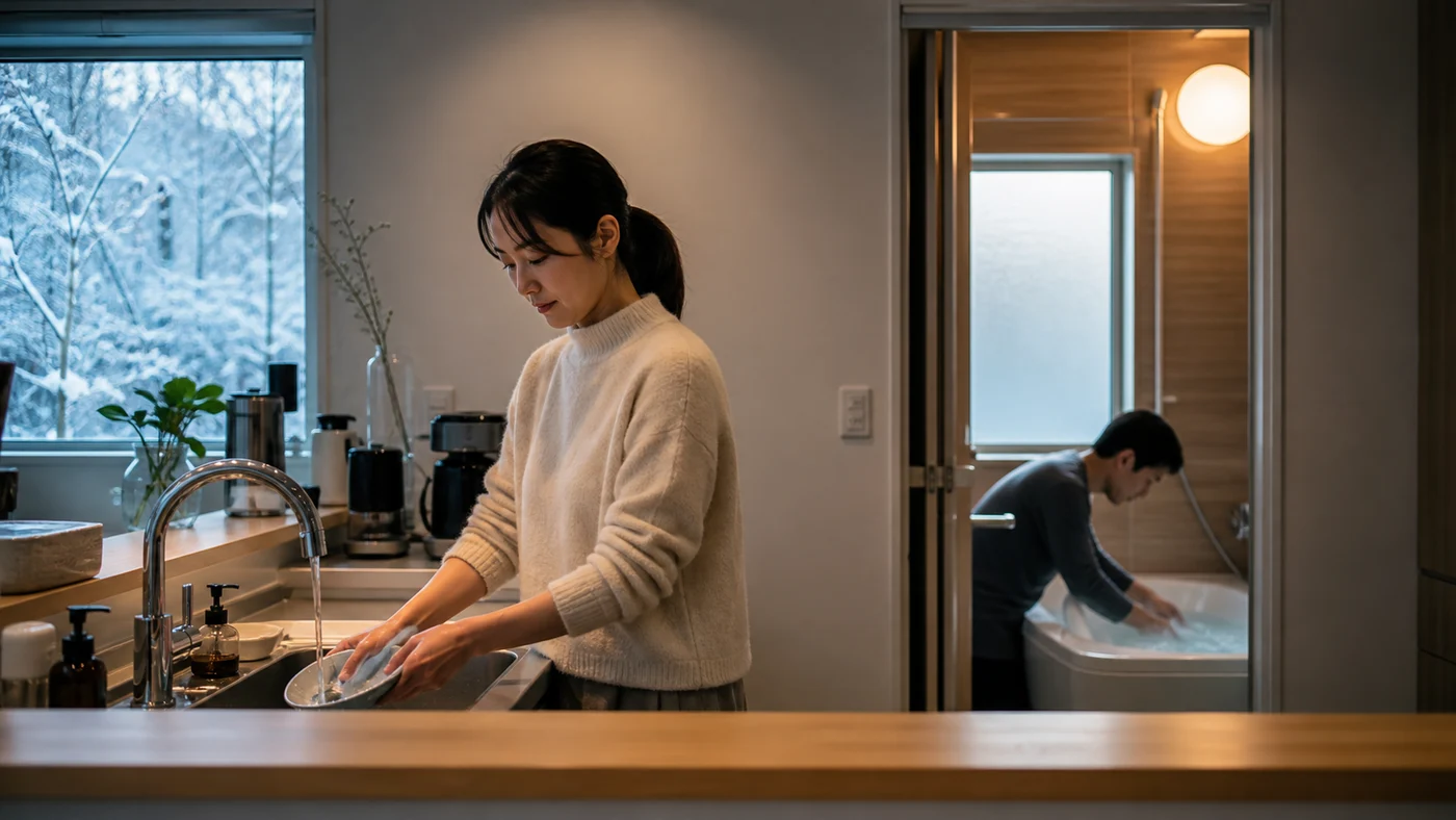 冬の朝に台所と浴室で同時にお湯を使う日本人の家庭のイメージ