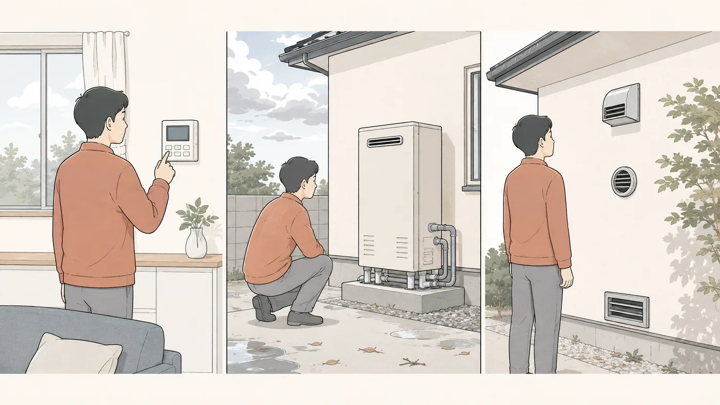 天候回復後にリモコン・給湯器本体・給排気口を順に確認する住宅所有者