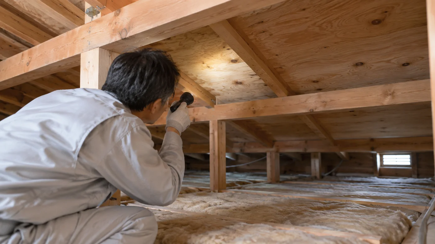 戸建ての屋根裏で野地板と釘周辺を確認する日本人の点検担当者