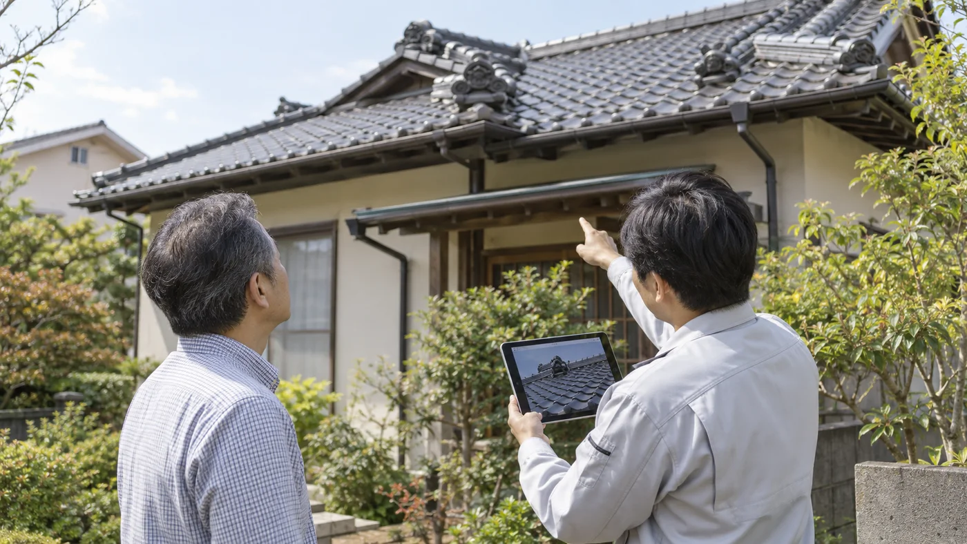 瓦屋根の棟と平部と軒先を地上から確認する日本人の住宅所有者