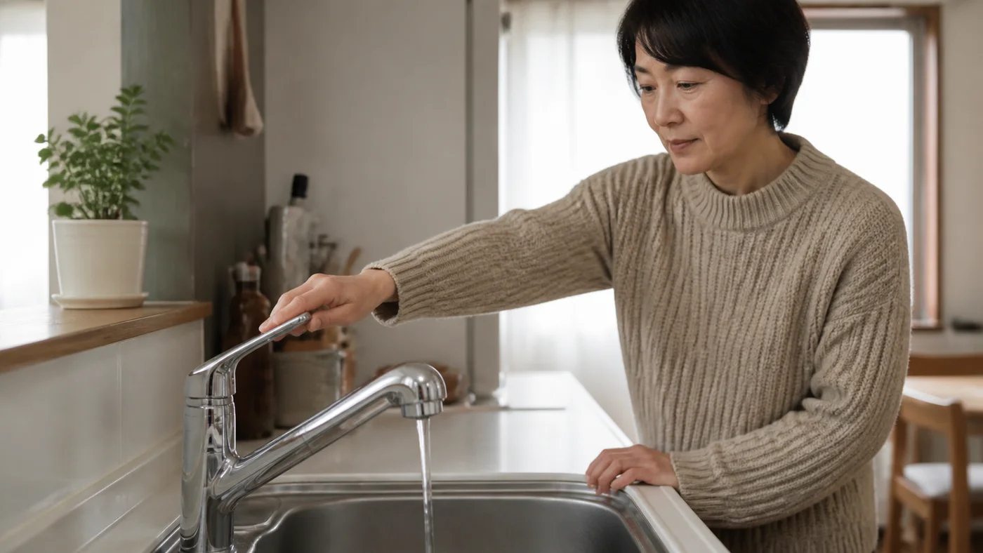 冬の朝にキッチンの蛇口で水とお湯の流れを確認する住宅所有者