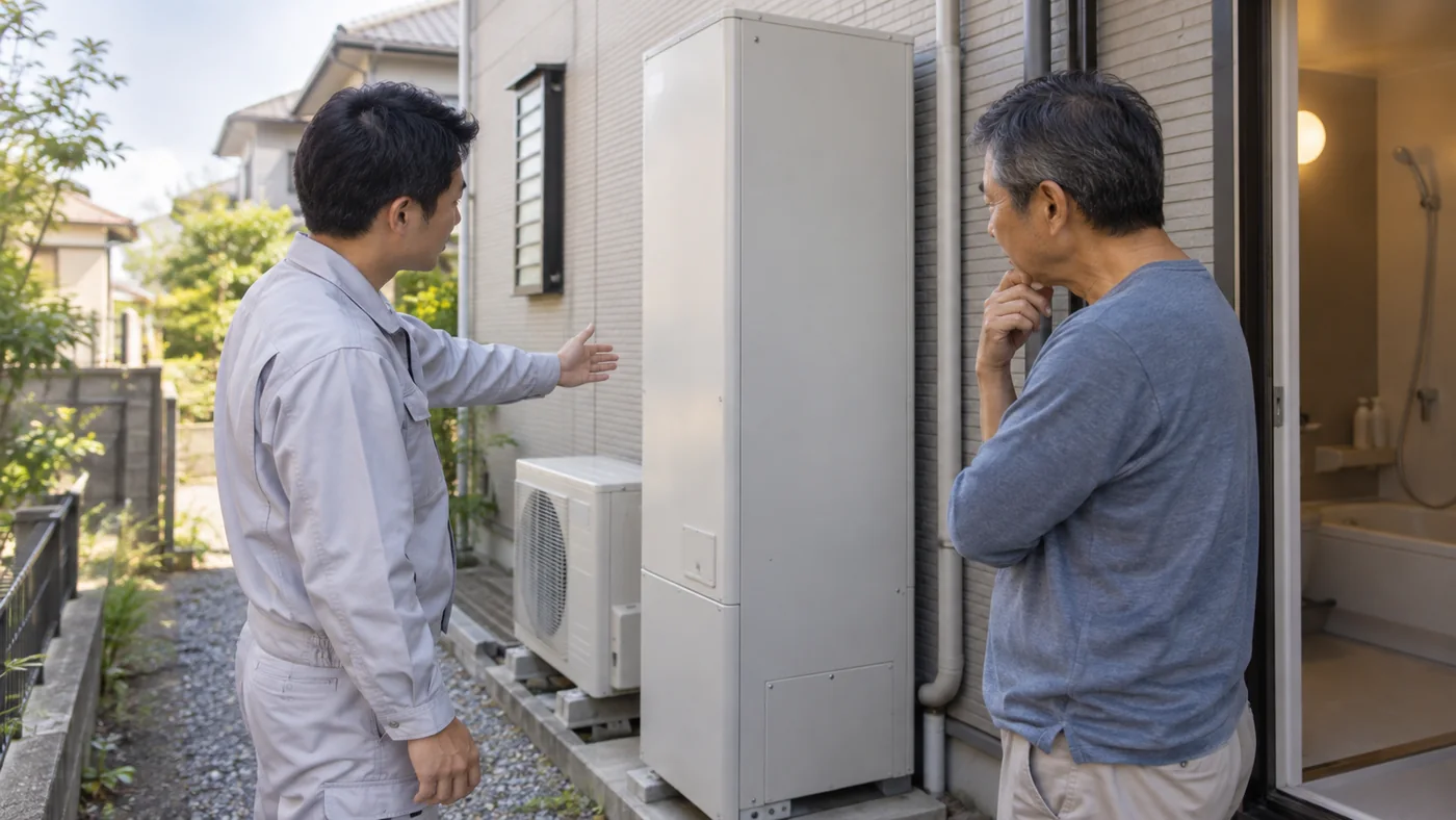 エコキュートの設置年数と修理交換の判断を相談する日本人の施主と担当者