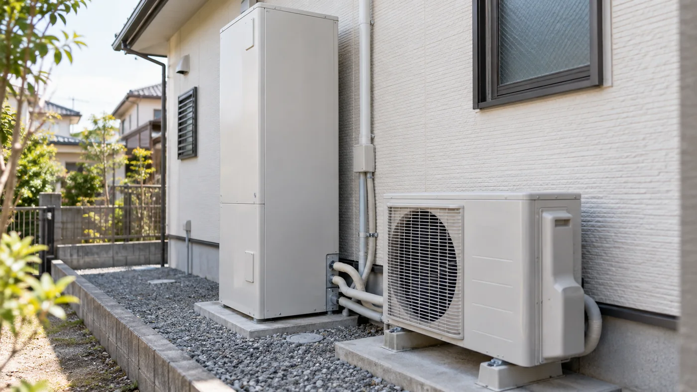 日本の戸建てに設置されたエコキュートの貯湯ユニットと屋外機の構成