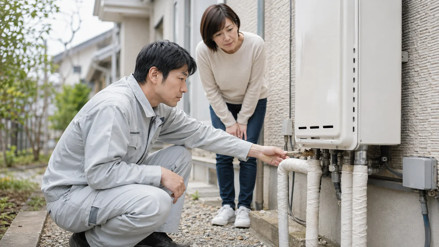 冬の凍結後に給湯器の配管接続部を点検する担当者と住宅所有者