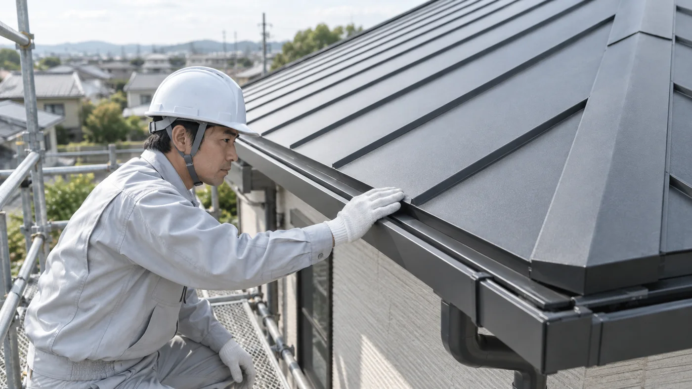 ガルバリウム鋼板の金属屋根を施工前に点検する日本人の屋根担当者