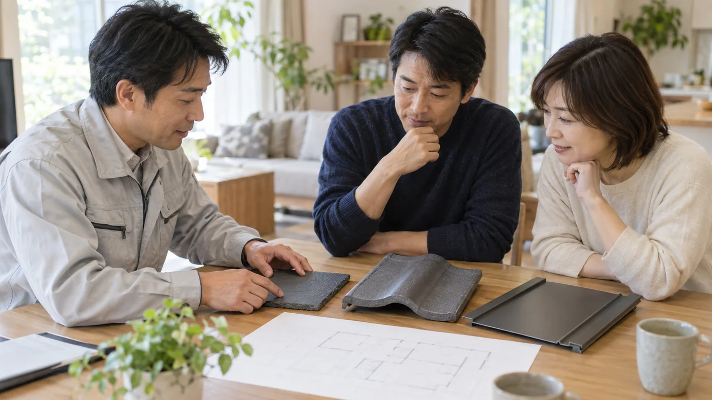 日本人の夫婦が屋根材サンプルと戸建ての図面を担当者と確認する場面