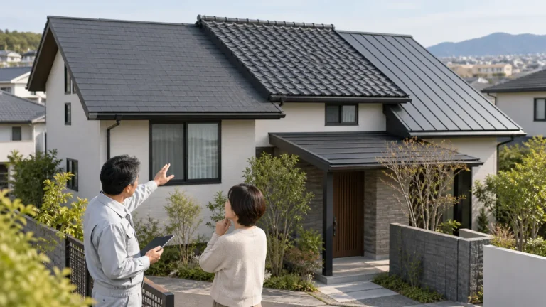 スレート・瓦・金属の屋根材を日本人施主と担当者が見比べる場面