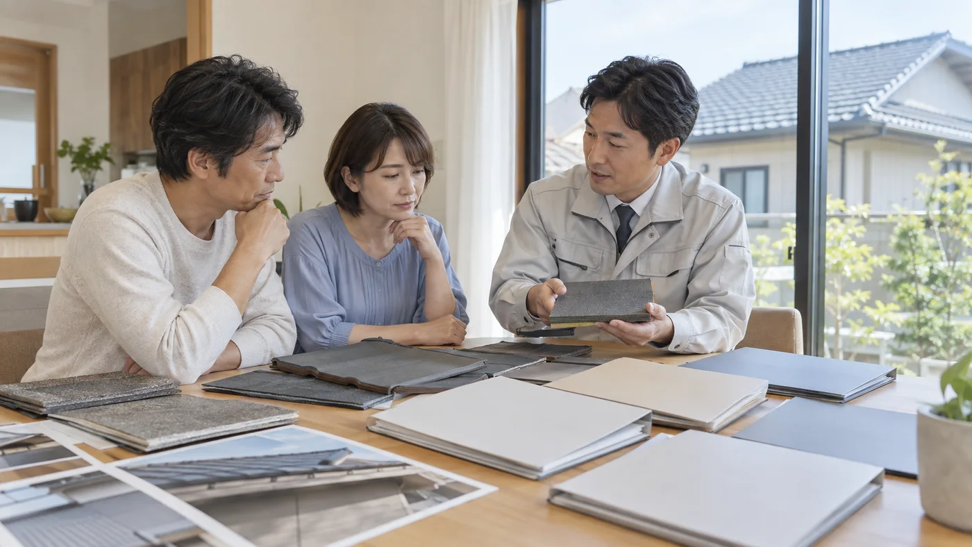 屋根点検の写真と複数の見積書を見比べる日本人の夫婦と担当者