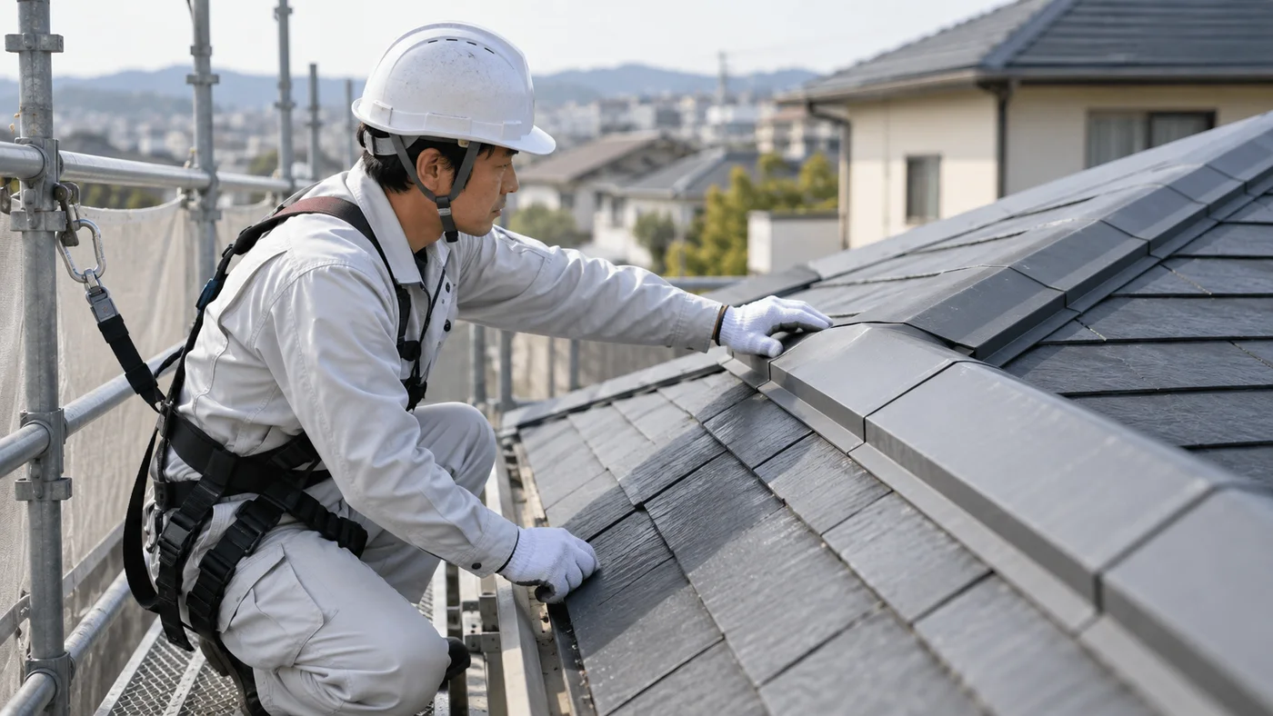 屋根材と棟部を安全な足場から点検する日本人の担当者