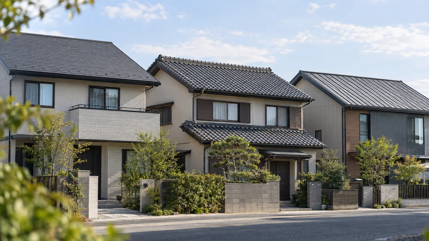 日本の戸建てでスレート屋根と瓦屋根と金属屋根を見比べる場面