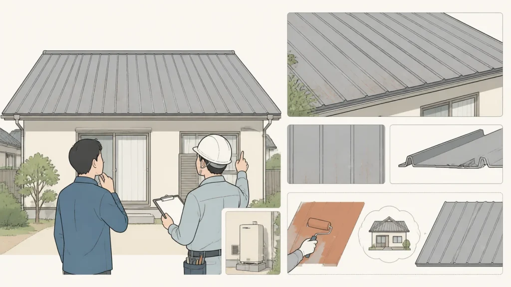 トタン屋根の色あせと錆を地上から点検する住宅所有者と職人