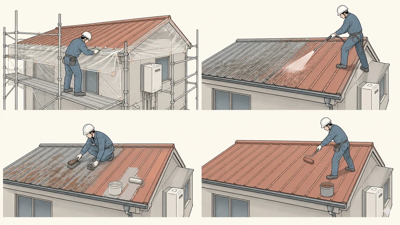 足場と洗浄とケレンと上塗りによるトタン屋根塗装工程