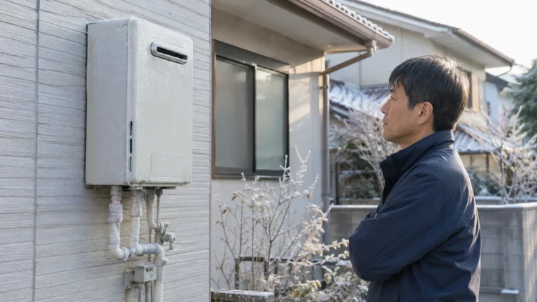 冬の朝に霜が付いた給湯器と配管を安全な距離から確認する住宅所有者