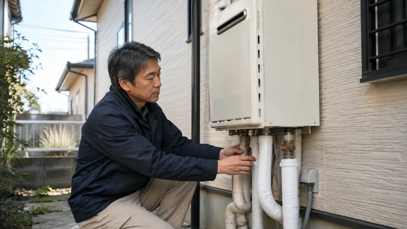 寒波前に給湯器の露出配管と保温材の状態を確認する住宅所有者