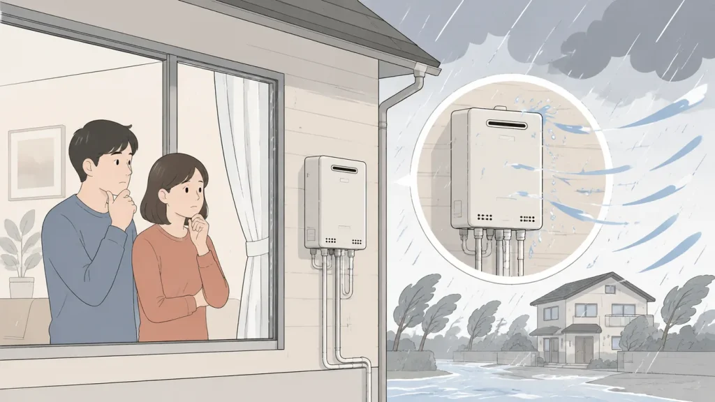 台風と大雨の中で屋外給湯器を室内から確認する日本人夫婦